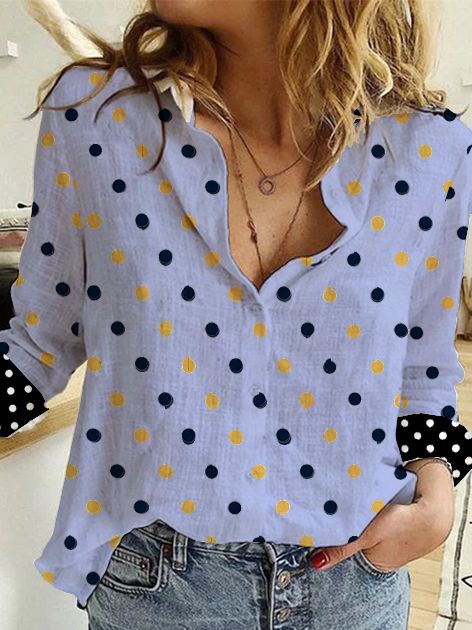 Vintage Skjorta Krage Bomull Polka Dots Blus