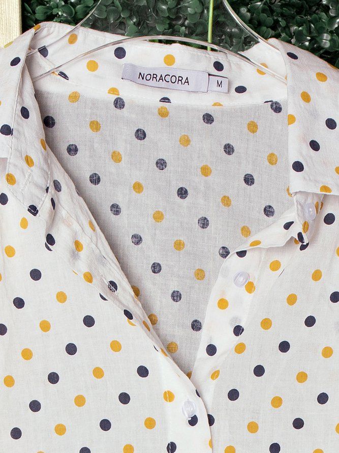 Vintage Skjorta Krage Bomull Polka Dots Blus