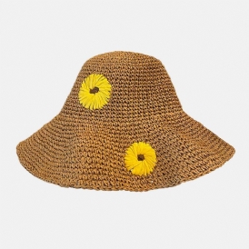 Dam Halm Blommig Enfärgad Elegant Solros Stor Brätte Visir Solskyddshatt Strandhatt Bucket Hat