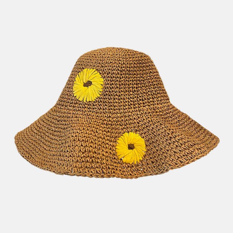 Dam Halm Blommig Enfärgad Elegant Solros Stor Brätte Visir Solskyddshatt Strandhatt Bucket Hat