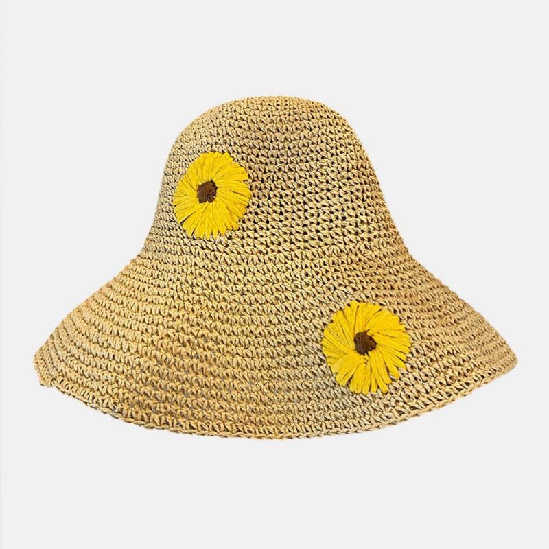 Dam Halm Blommig Enfärgad Elegant Solros Stor Brätte Visir Solskyddshatt Strandhatt Bucket Hat