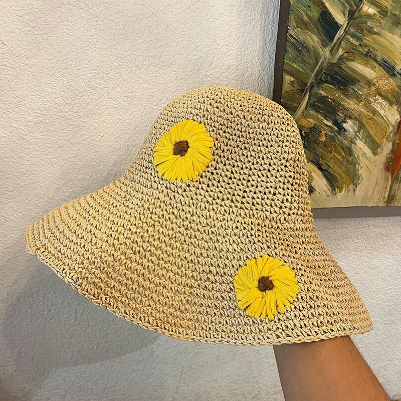 Dam Halm Blommig Enfärgad Elegant Solros Stor Brätte Visir Solskyddshatt Strandhatt Bucket Hat