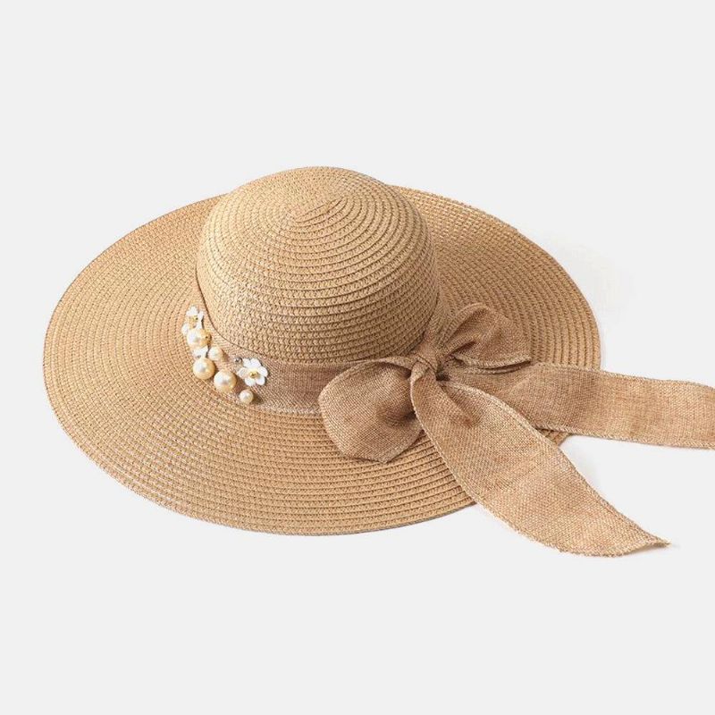 Dam Halm Enfärgad Elegant Stor Brätte Pearl Bowknot Wavy Edge Visir Solhatt Strandhatt Bucket Hat