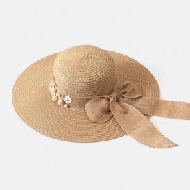 Dam Halm Enfärgad Elegant Stor Brätte Pearl Bowknot Wavy Edge Visir Solhatt Strandhatt Bucket Hat