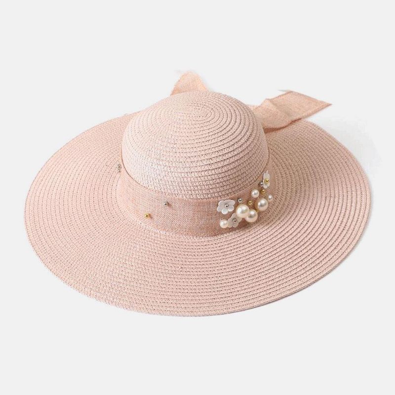 Dam Halm Enfärgad Elegant Stor Brätte Pearl Bowknot Wavy Edge Visir Solhatt Strandhatt Bucket Hat