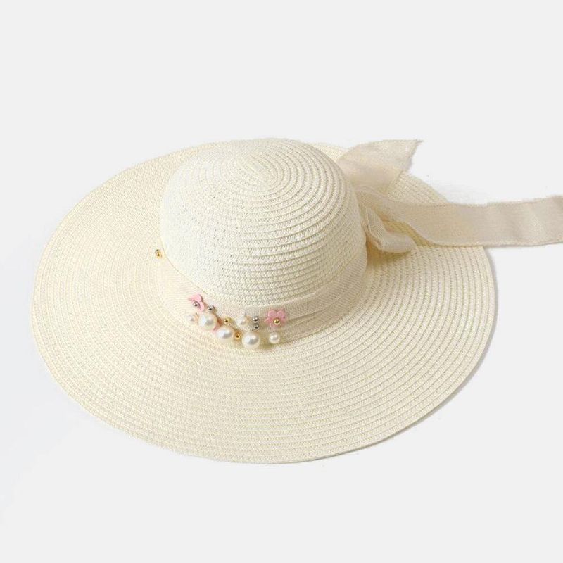 Dam Halm Enfärgad Elegant Stor Brätte Pearl Bowknot Wavy Edge Visir Solhatt Strandhatt Bucket Hat