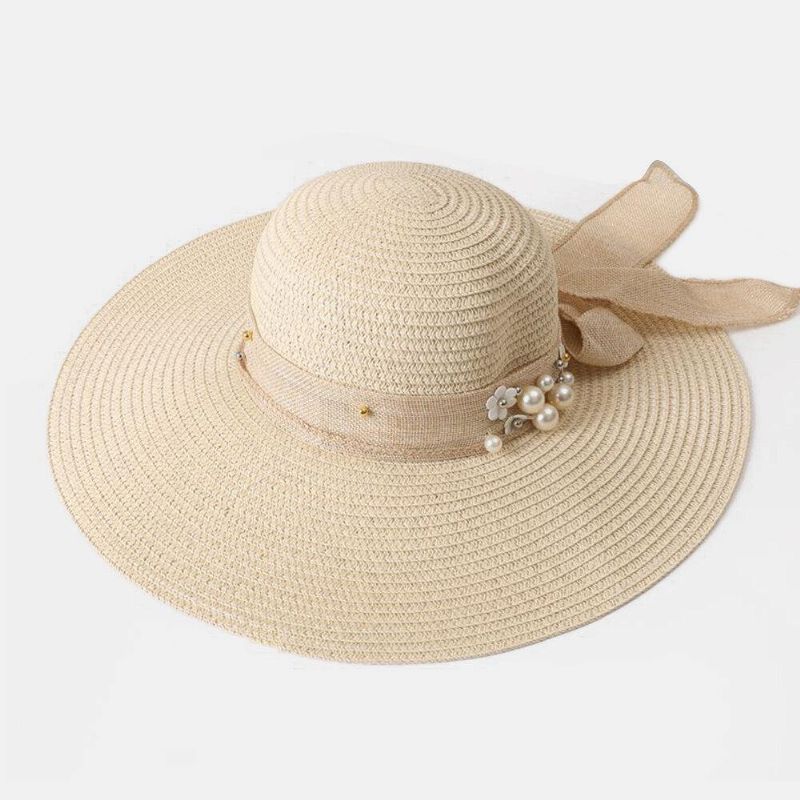 Dam Halm Enfärgad Elegant Stor Brätte Pearl Bowknot Wavy Edge Visir Solhatt Strandhatt Bucket Hat