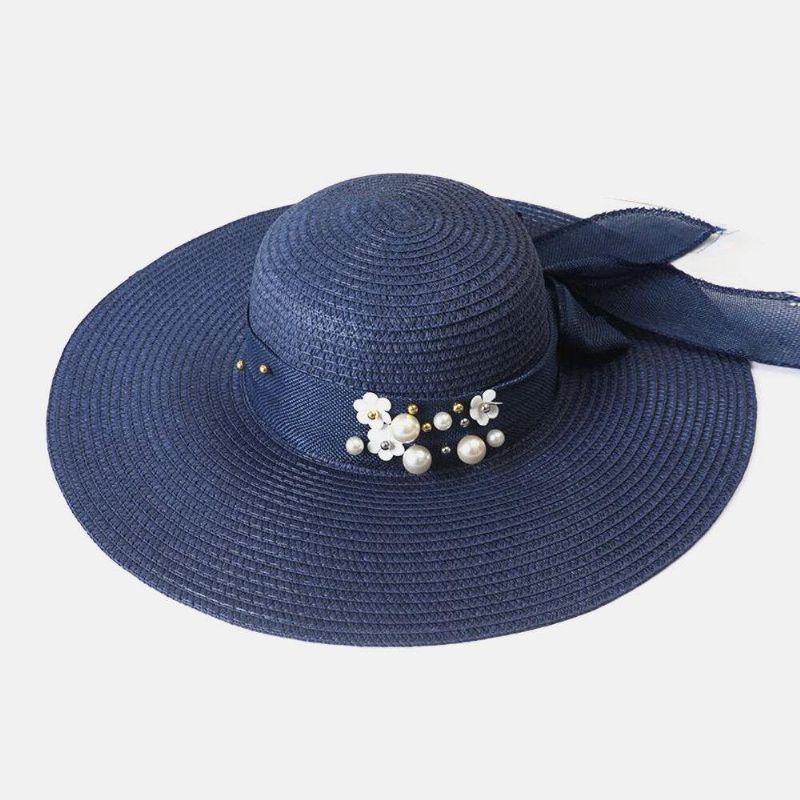 Dam Halm Enfärgad Elegant Stor Brätte Pearl Bowknot Wavy Edge Visir Solhatt Strandhatt Bucket Hat