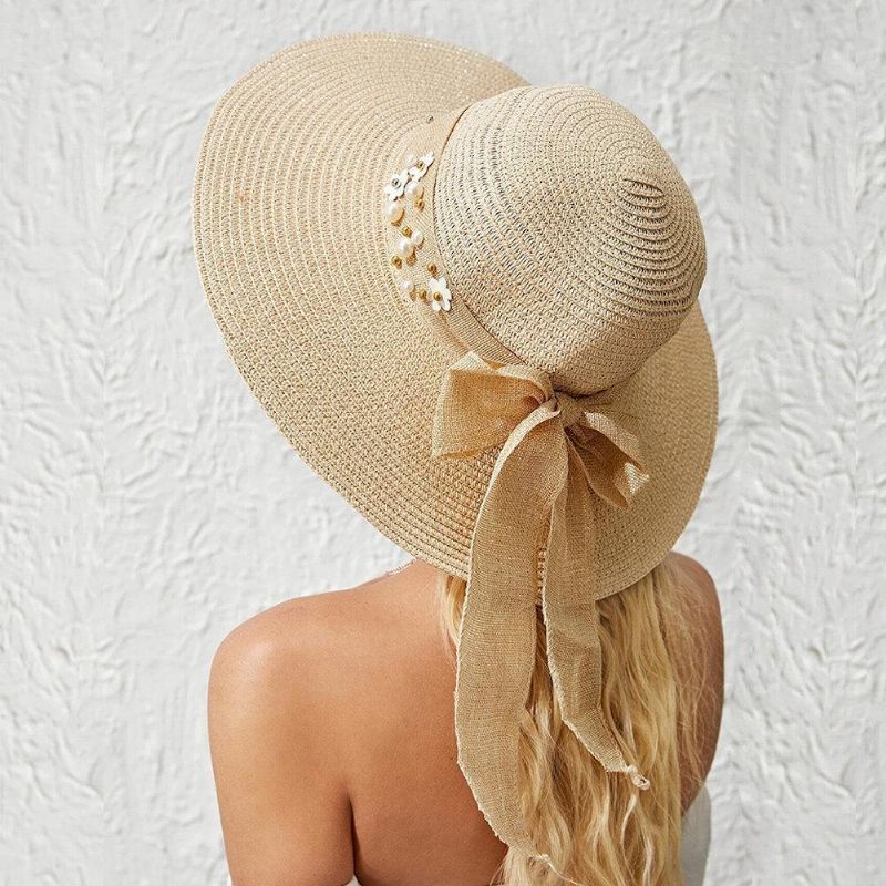 Dam Halm Enfärgad Elegant Stor Brätte Pearl Bowknot Wavy Edge Visir Solhatt Strandhatt Bucket Hat