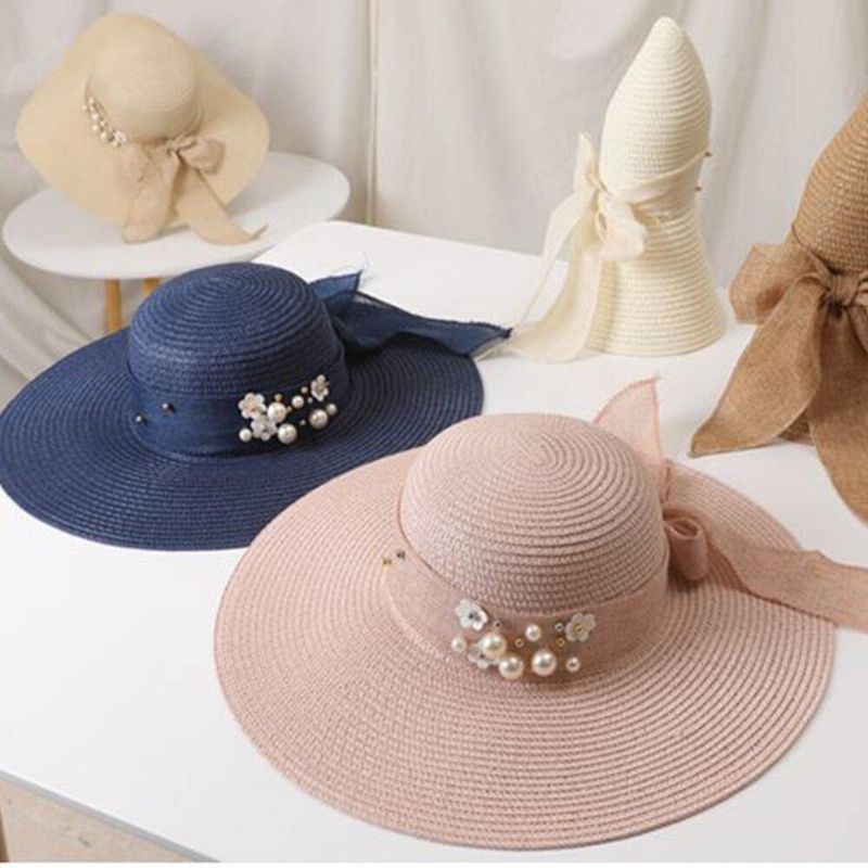 Dam Halm Enfärgad Elegant Stor Brätte Pearl Bowknot Wavy Edge Visir Solhatt Strandhatt Bucket Hat