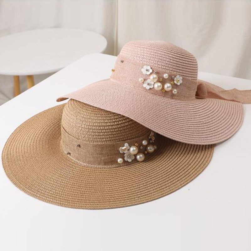 Dam Halm Enfärgad Elegant Stor Brätte Pearl Bowknot Wavy Edge Visir Solhatt Strandhatt Bucket Hat