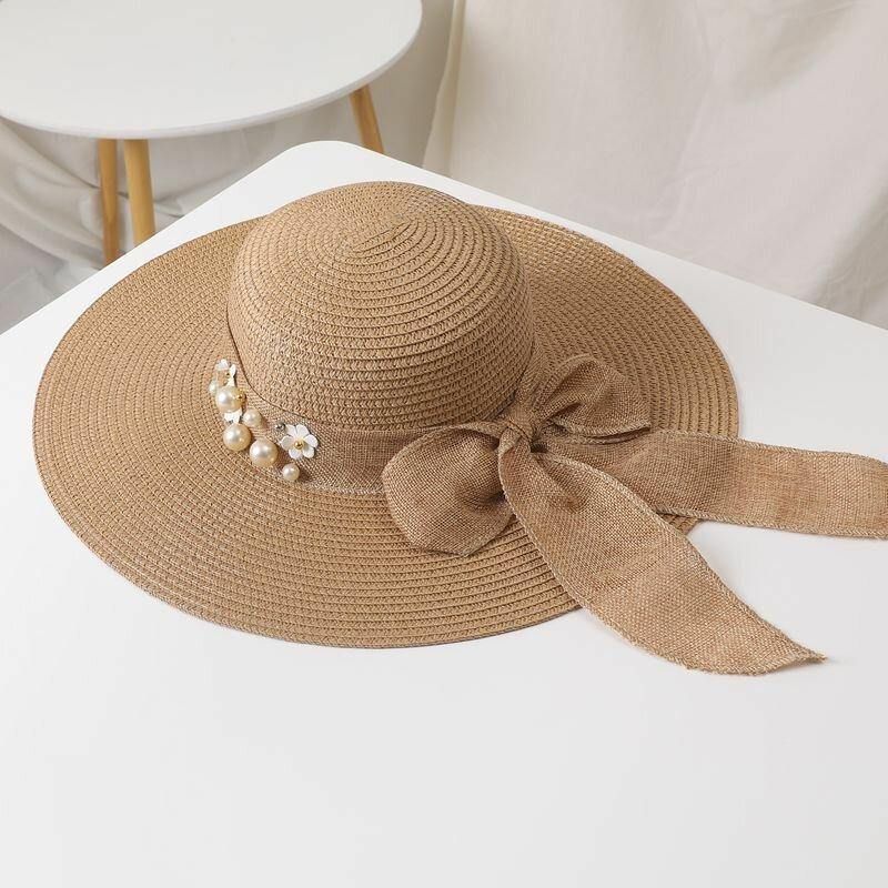 Dam Halm Enfärgad Elegant Stor Brätte Pearl Bowknot Wavy Edge Visir Solhatt Strandhatt Bucket Hat