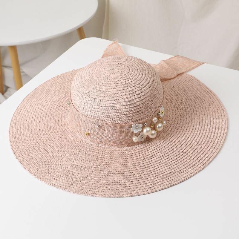 Dam Halm Enfärgad Elegant Stor Brätte Pearl Bowknot Wavy Edge Visir Solhatt Strandhatt Bucket Hat