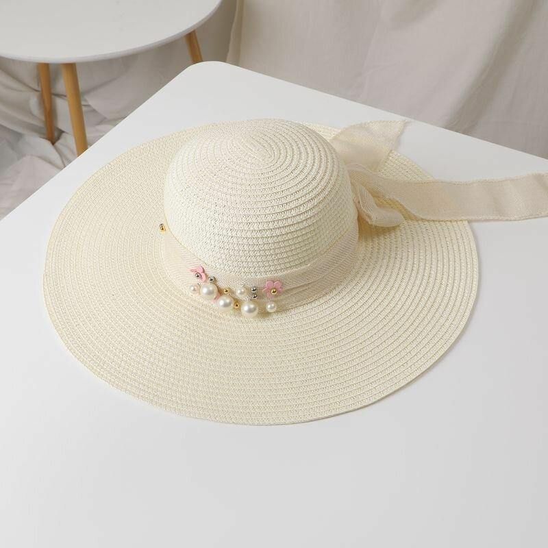 Dam Halm Enfärgad Elegant Stor Brätte Pearl Bowknot Wavy Edge Visir Solhatt Strandhatt Bucket Hat