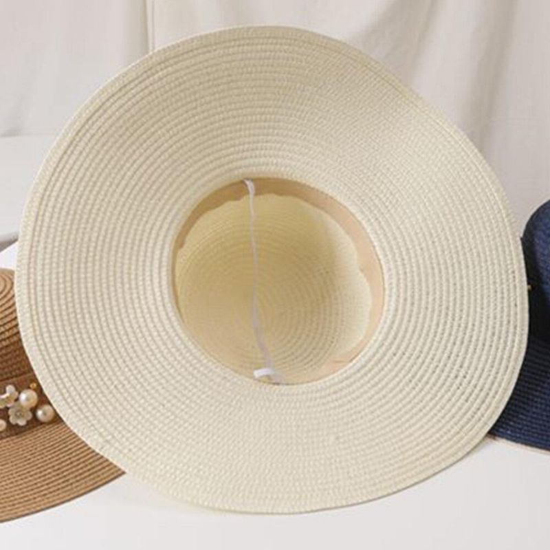 Dam Halm Enfärgad Elegant Stor Brätte Pearl Bowknot Wavy Edge Visir Solhatt Strandhatt Bucket Hat