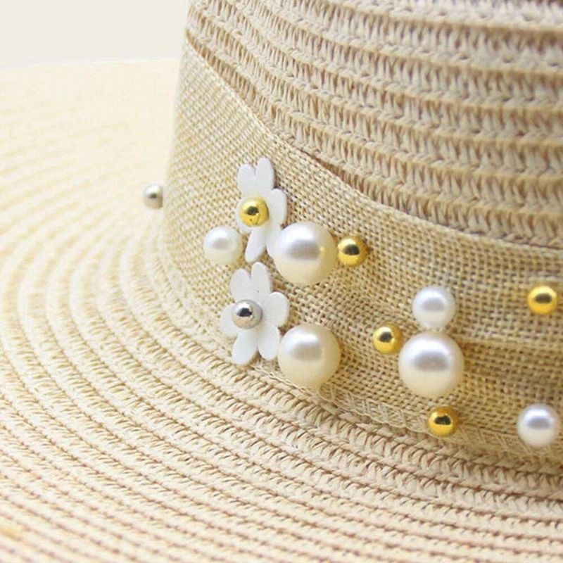 Dam Halm Enfärgad Elegant Stor Brätte Pearl Bowknot Wavy Edge Visir Solhatt Strandhatt Bucket Hat