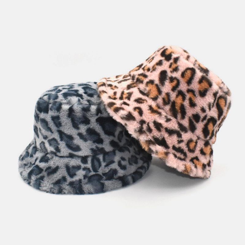 Kvinnor Lamm Hår Varm Mjuk Leopard Mönster Casual Personlighet Bucket Hat