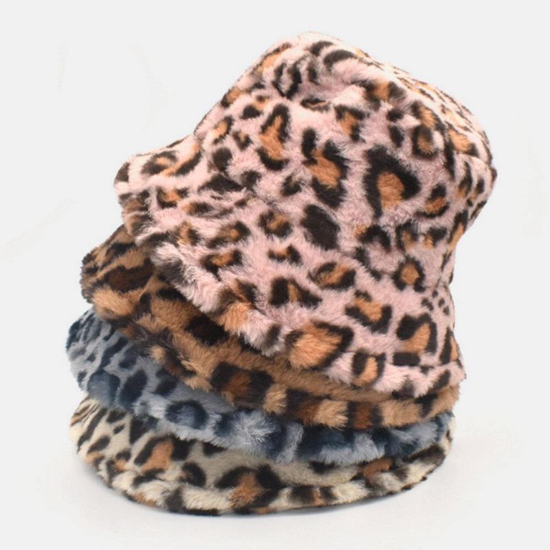 Kvinnor Lamm Hår Varm Mjuk Leopard Mönster Casual Personlighet Bucket Hat