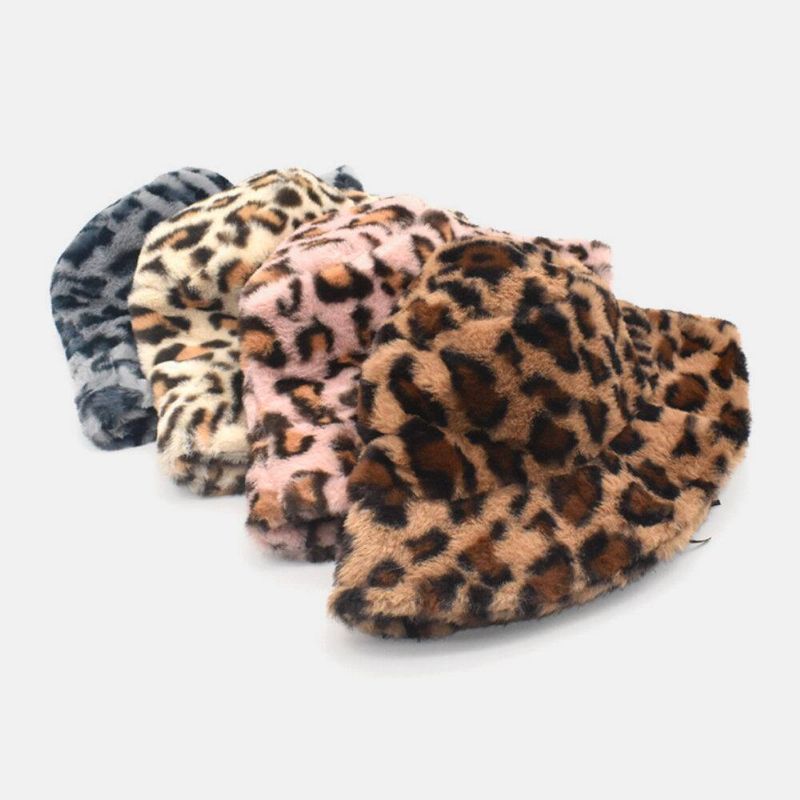 Kvinnor Lamm Hår Varm Mjuk Leopard Mönster Casual Personlighet Bucket Hat