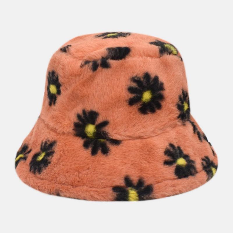 Kvinnor Lammhår Mjukt Varmt Plus Tjocka Avslappnad All-Match Söt Daisy Blommönster Bucket Hat