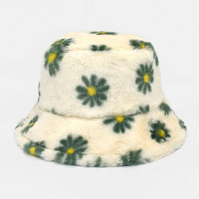 Kvinnor Lammhår Mjukt Varmt Plus Tjocka Avslappnad All-Match Söt Daisy Blommönster Bucket Hat