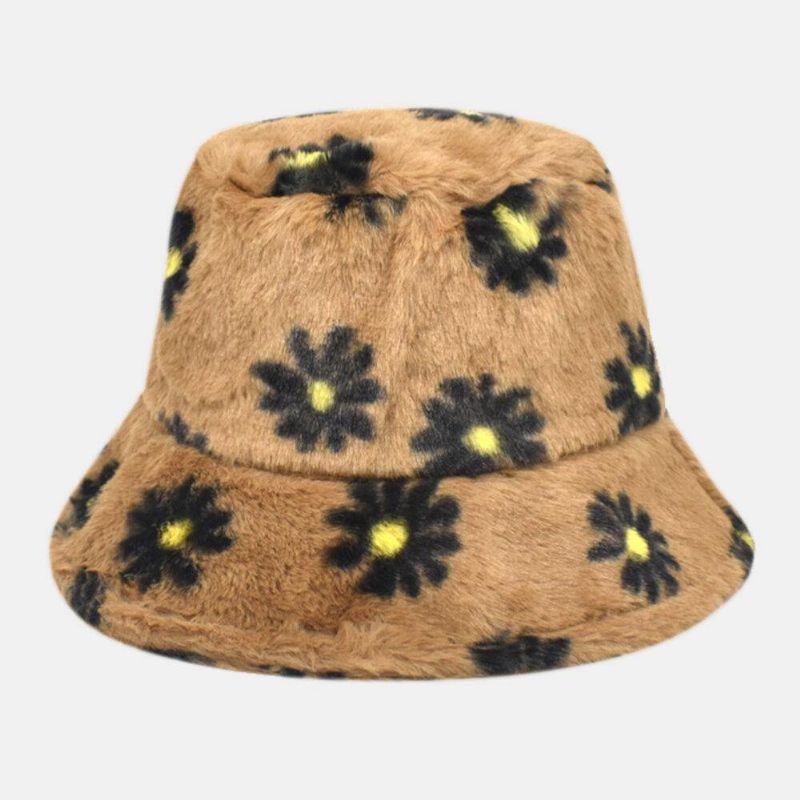 Kvinnor Lammhår Mjukt Varmt Plus Tjocka Avslappnad All-Match Söt Daisy Blommönster Bucket Hat