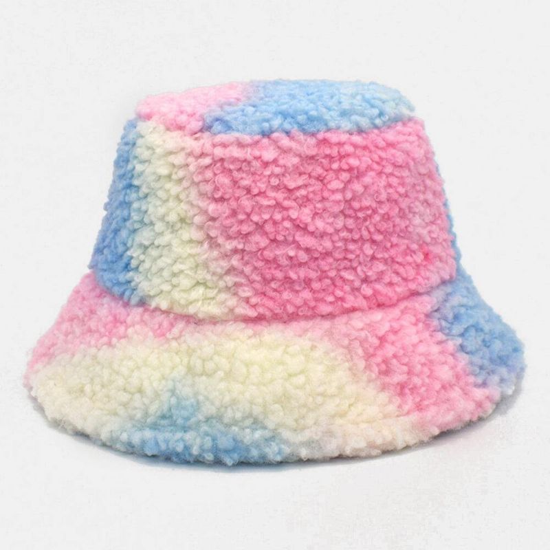 Kvinnor Tie-Dye Mix Färg Lamm Hår Varm Casual Söt Bucket Hat