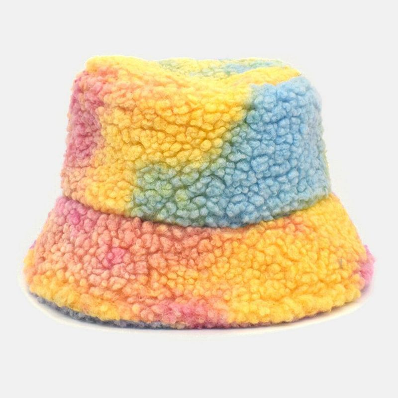 Kvinnor Tie-Dye Mix Färg Lamm Hår Varm Casual Söt Bucket Hat