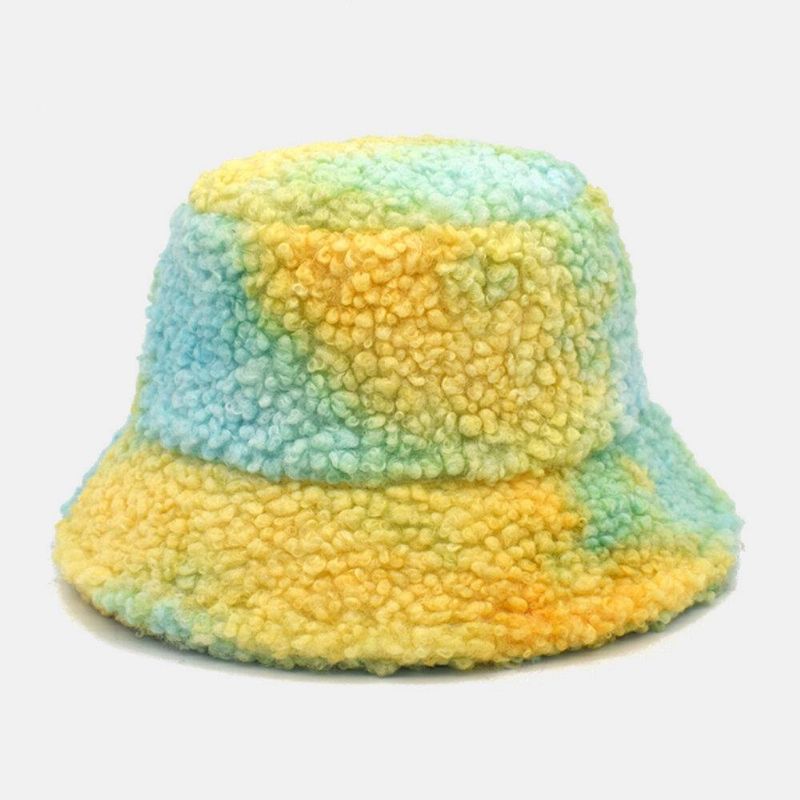 Kvinnor Tie-Dye Mix Färg Lamm Hår Varm Casual Söt Bucket Hat