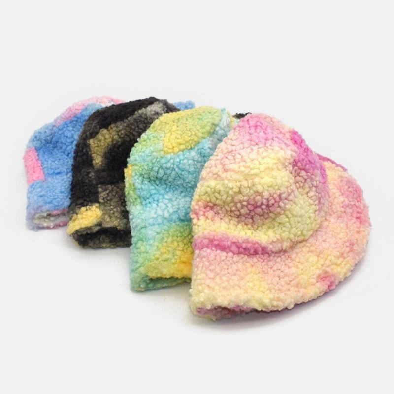 Kvinnor Tie-Dye Mix Färg Lamm Hår Varm Casual Söt Bucket Hat