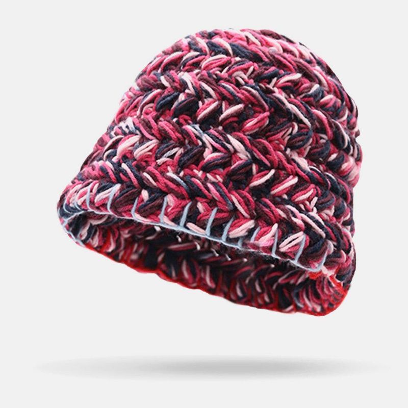 Kvinnor Ull Regnbåge Färg Cuffed Öronskydd Varm Casual Beanie Bucket Hat