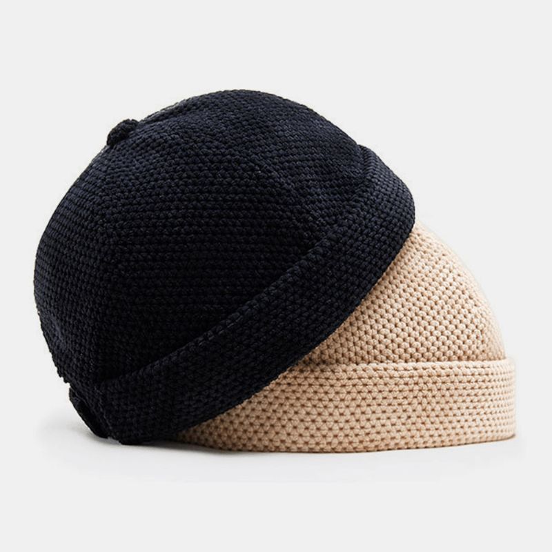 Män Bomull Stickad Enfärgad Brittisk Vintage Brättelös Mössa Uthyrare Cap Skull Cap