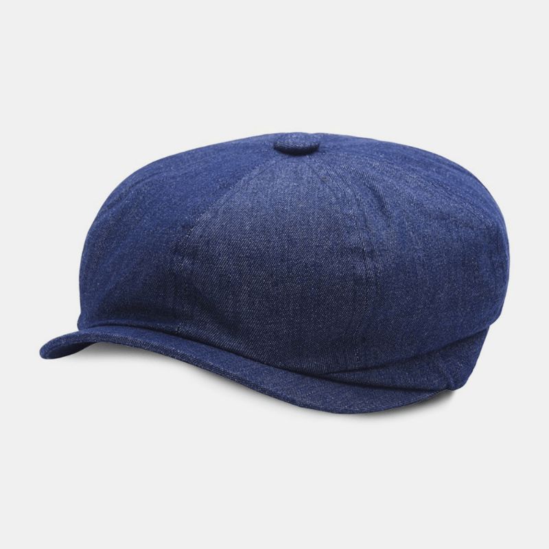 Män Denim Patchwork Baskerkeps Casual Retro Elastiskt Band Åttakantig Hatt Flat Hat Painter Newsboy Cap