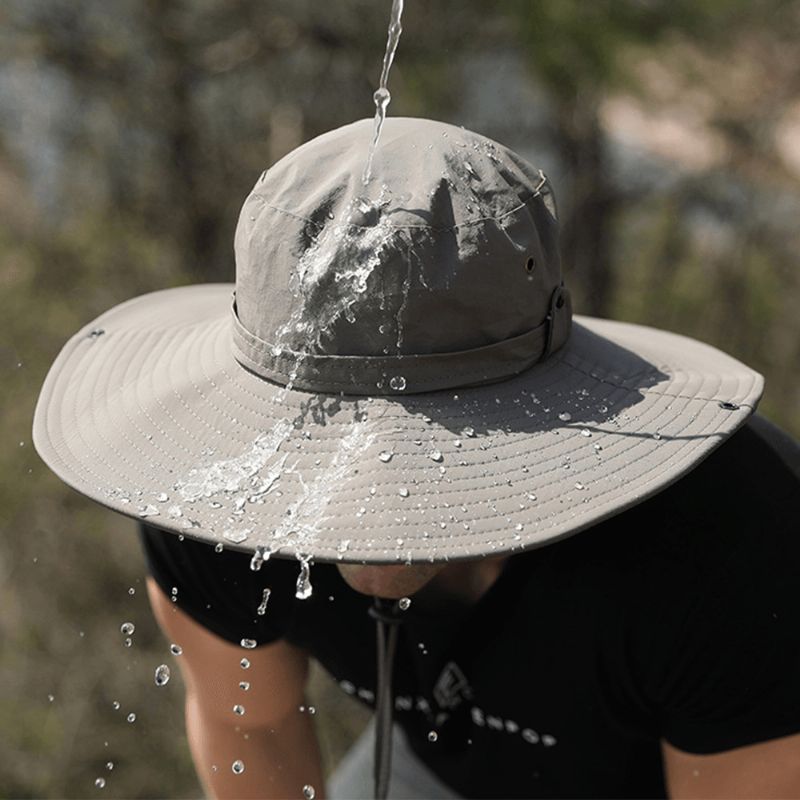 Män Dubbel Användning Anti-Uv Hinkhatt Stor Brätte Vindtätt Rep Justerbar Utomhusfiske Solskyddshatt