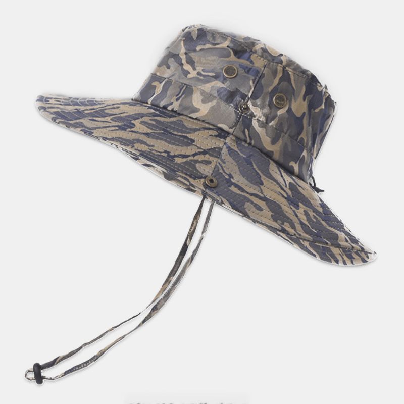 Män Kamouflage Stor Brätte Vindtätt Rep Utomhusfiske Klättring Anti-Uv Solskydd Bucket Hat