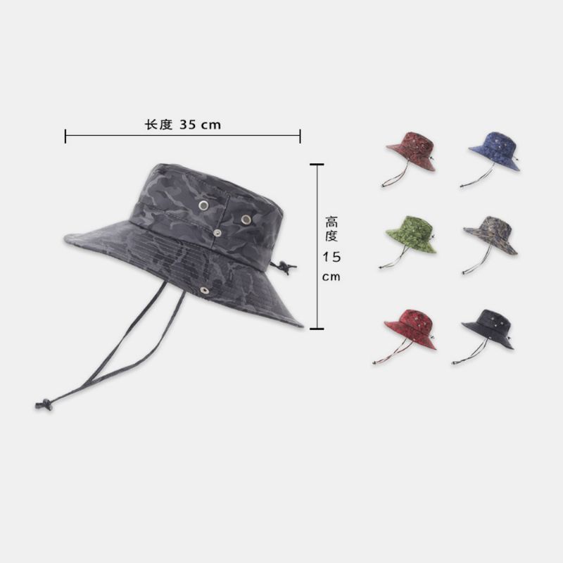 Män Kamouflage Stor Brätte Vindtätt Rep Utomhusfiske Klättring Anti-Uv Solskydd Bucket Hat