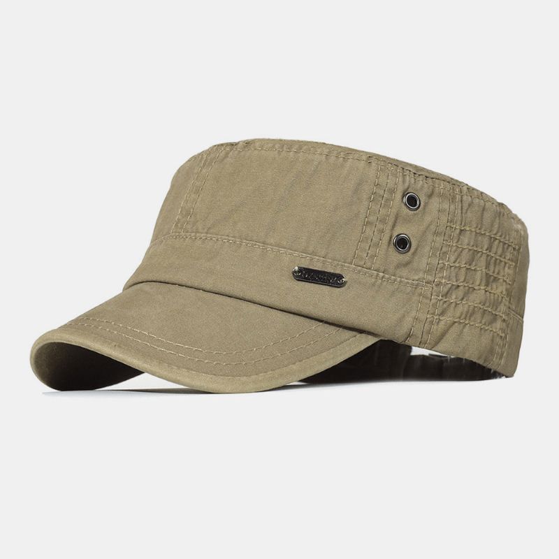 Män Tvättad Bomull Peaked Cap Bokstäver Metalletikett Militär Cap Flat Cap