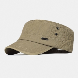 Män Tvättad Bomull Peaked Cap Bokstäver Metalletikett Militär Cap Flat Cap