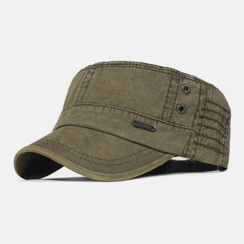 Män Tvättad Bomull Peaked Cap Bokstäver Metalletikett Militär Cap Flat Cap