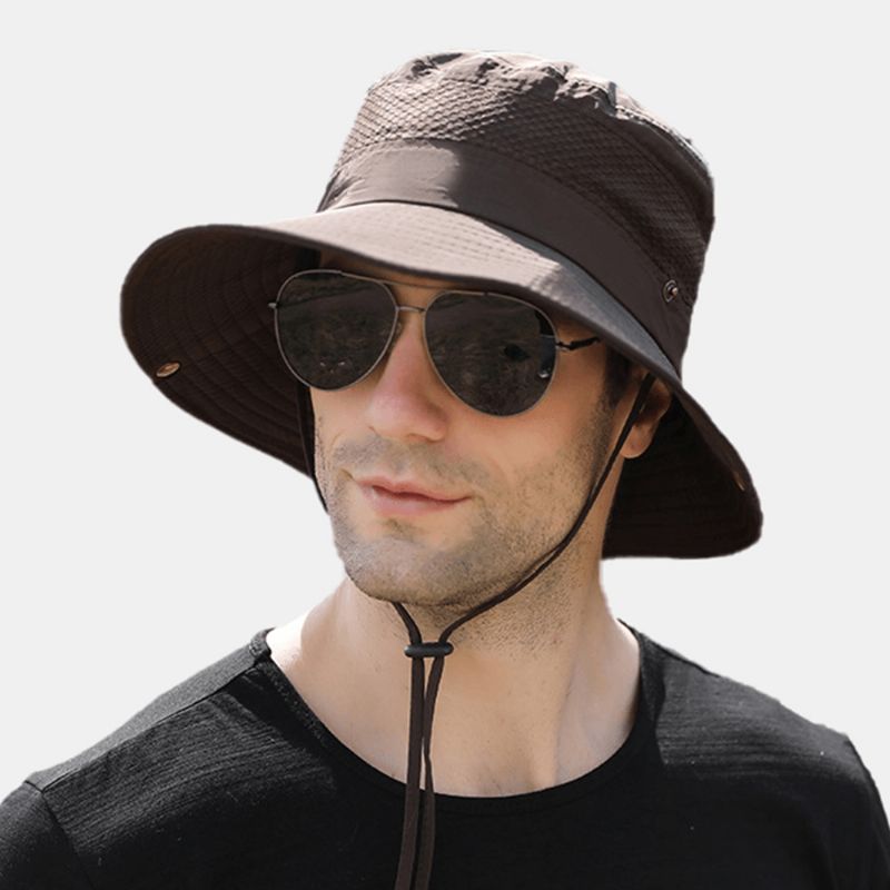 Män Vikbar Mesh Andningsbar Solskyddshatt Vindtät Rep Justerbar Utomhusfiske Anti-Uv Bucket Hat