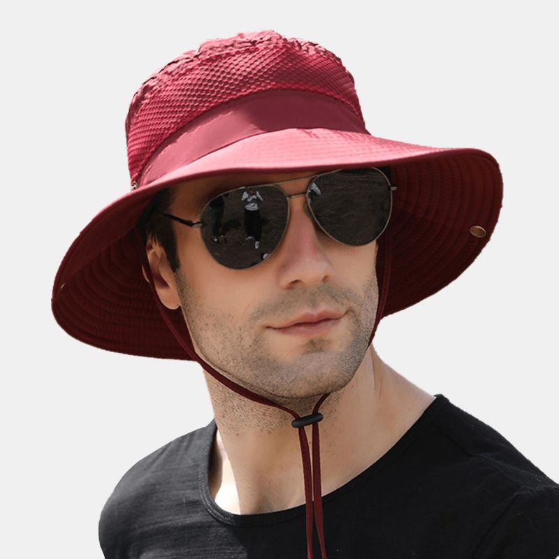 Män Vikbar Mesh Andningsbar Solskyddshatt Vindtät Rep Justerbar Utomhusfiske Anti-Uv Bucket Hat