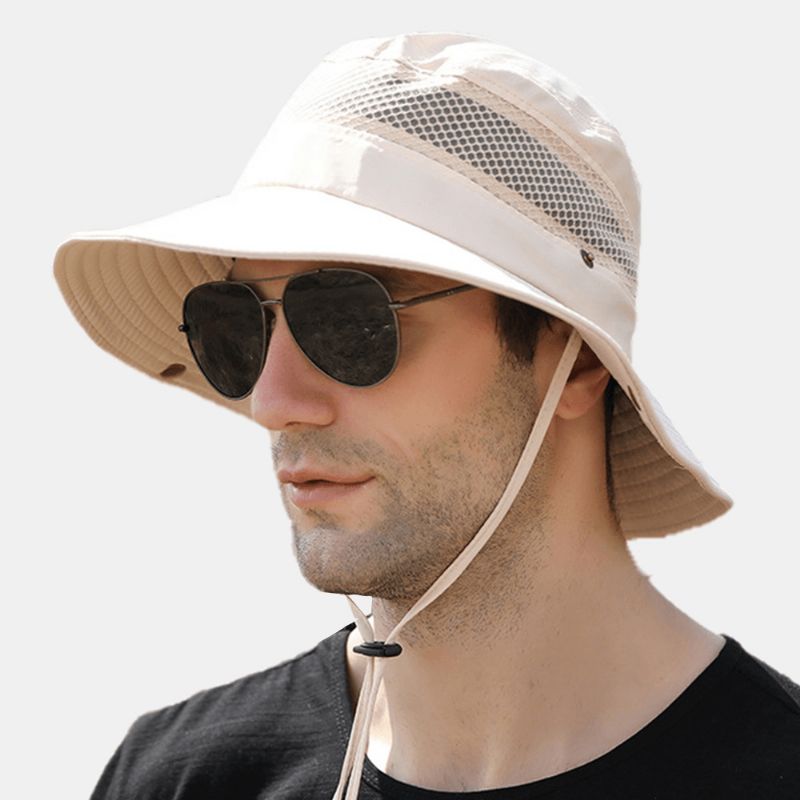 Män Vikbar Mesh Andningsbar Solskyddshatt Vindtät Rep Justerbar Utomhusfiske Anti-Uv Bucket Hat