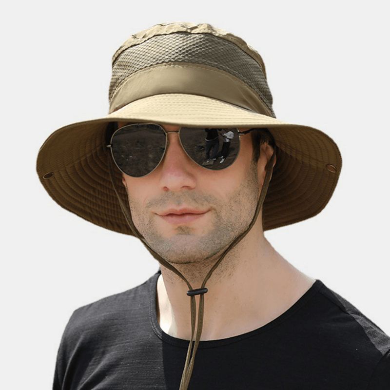 Män Vikbar Mesh Andningsbar Solskyddshatt Vindtät Rep Justerbar Utomhusfiske Anti-Uv Bucket Hat