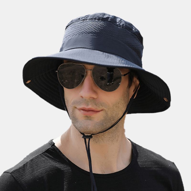 Män Vikbar Mesh Andningsbar Solskyddshatt Vindtät Rep Justerbar Utomhusfiske Anti-Uv Bucket Hat