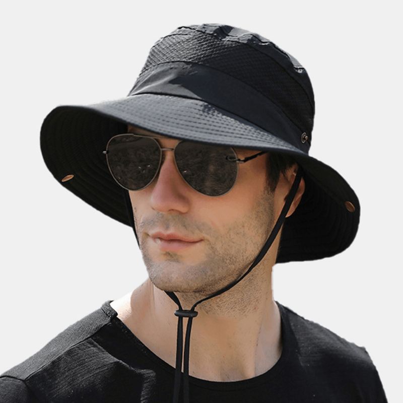 Män Vikbar Mesh Andningsbar Solskyddshatt Vindtät Rep Justerbar Utomhusfiske Anti-Uv Bucket Hat