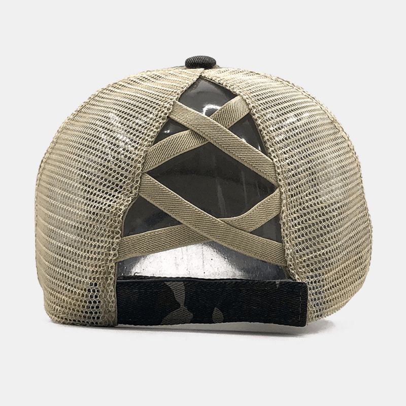 Unisex Camouflage Stretch Fit Keps Mesh Andningsbar Trucker Hat Cross Hästsvans Baseball Keps