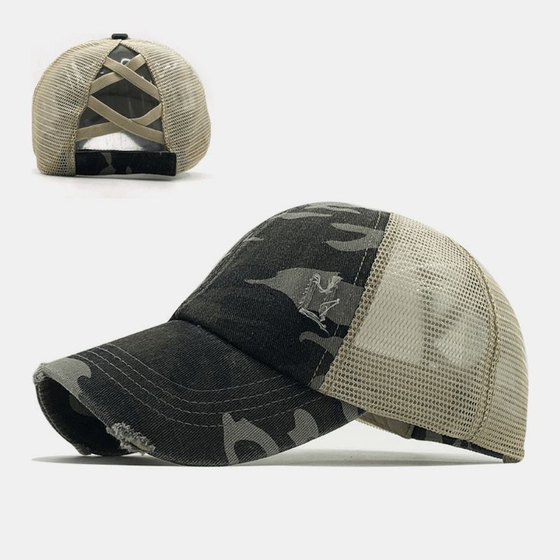 Unisex Camouflage Stretch Fit Keps Mesh Andningsbar Trucker Hat Cross Hästsvans Baseball Keps