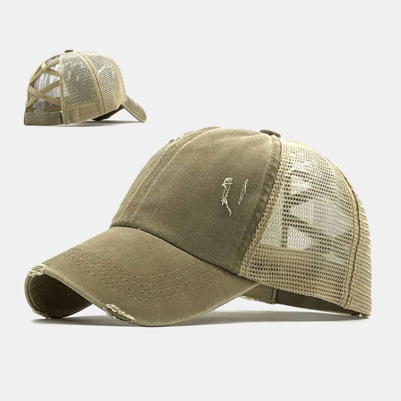 Unisex Camouflage Stretch Fit Keps Mesh Andningsbar Trucker Hat Cross Hästsvans Baseball Keps