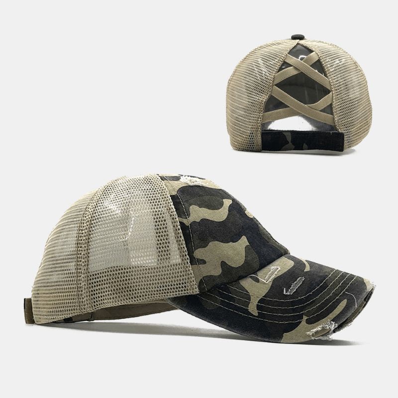 Unisex Camouflage Stretch Fit Keps Mesh Andningsbar Trucker Hat Cross Hästsvans Baseball Keps