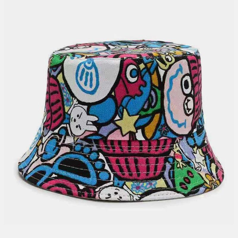 Unisex Canvas Färgade Tecknade Karaktärsmönster Casual Sunshade Bucket Hat